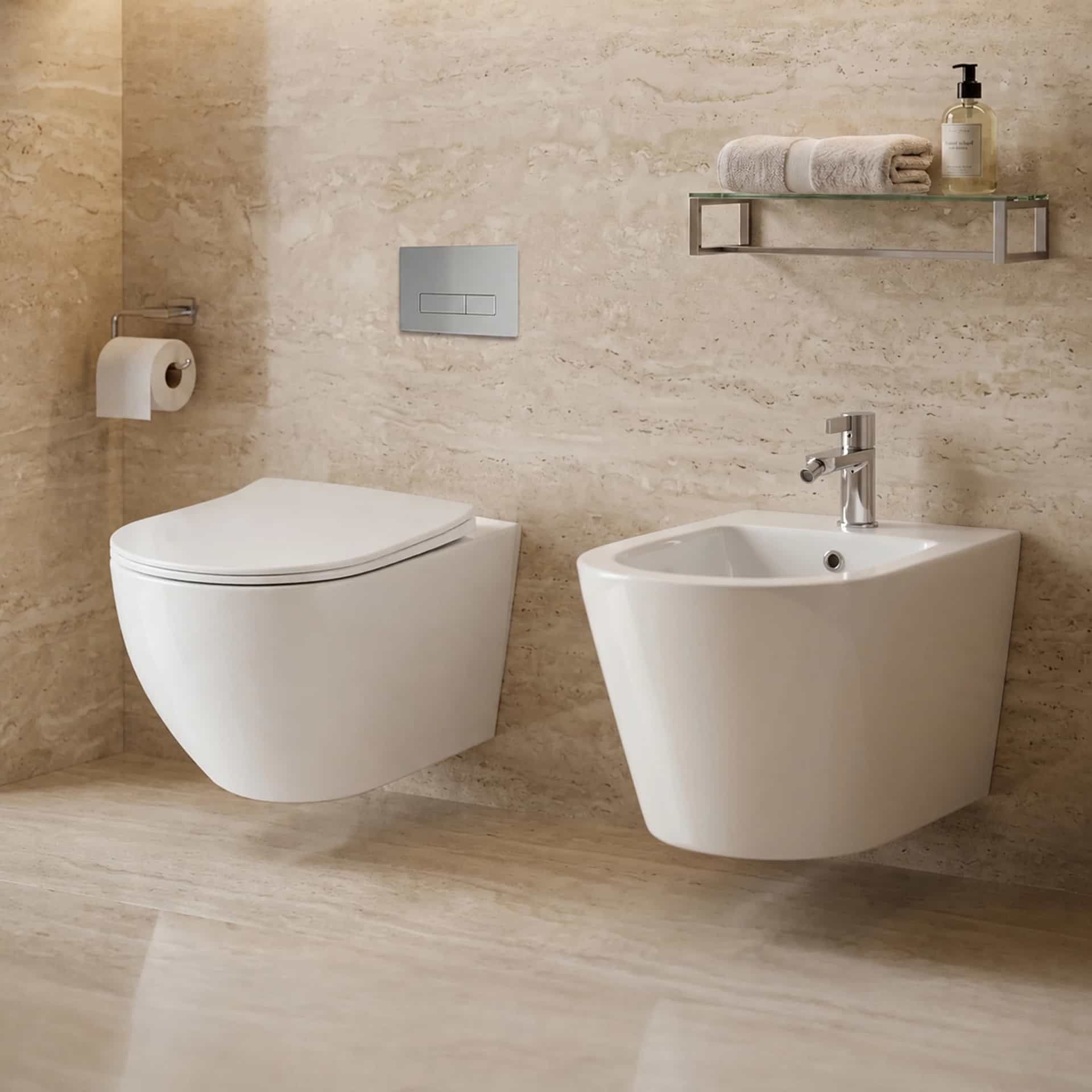 Set Vas WC suspendat rimless fara margini Sofia Alb finisaj lucios cu capac Soft Close + Bideu Suspendat Sofia Alb T203 - 49x36x36cm