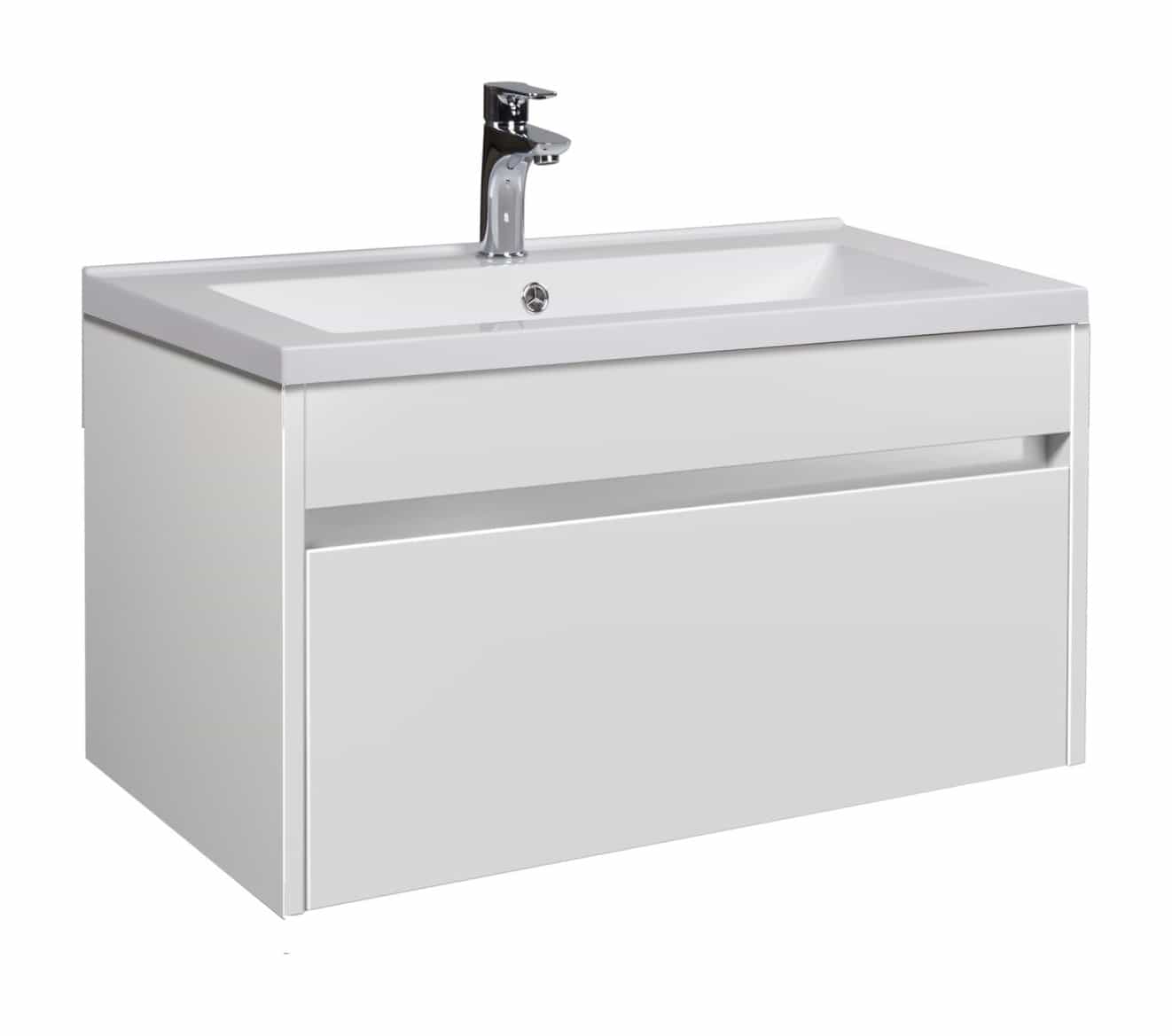 Set Mobilier Baie Suspendat din MDF Vopsit-Lacuit Prime 70-A + Lavoar Blat integrat Alb Ceramica Cosmo 70 / 700x430x450mm