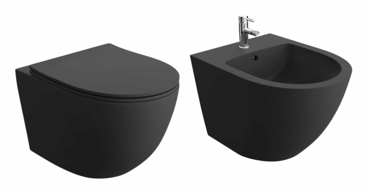 Set Vas WC suspendat negru rimless cu capac Softclose + Bideu Suspendat