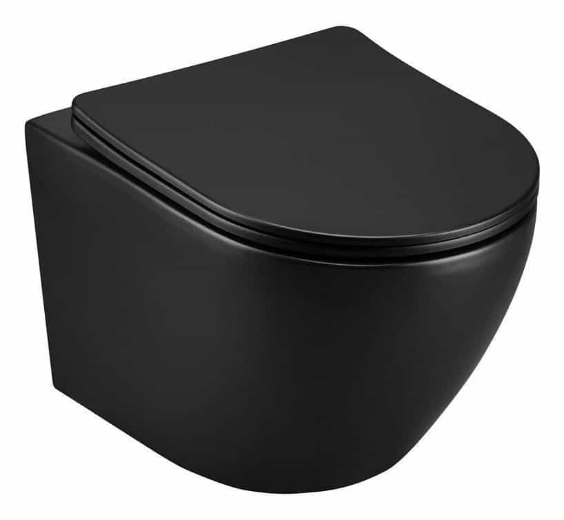 Vas WC suspendat rimless negru mat satin Sofia + capac negru satin soft close duroplast cu inchidere lenta T203MB - 49x36x36cm